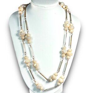 Double-Strand Beaded Necklace With Cream Faceted Beads & Silver-Tone Bars By NY